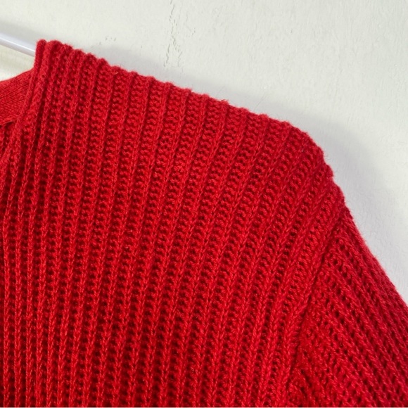 Vintage 70s Ribbed Knit Fitted Sweater 3/4 Sleeves Cherry Red Pocket M - Picture 11 of 12